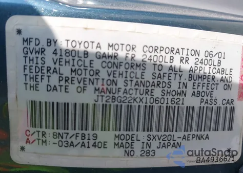 2001 Toyota Camry Le from USA, damaged, VIN JT2BG22KX10601621